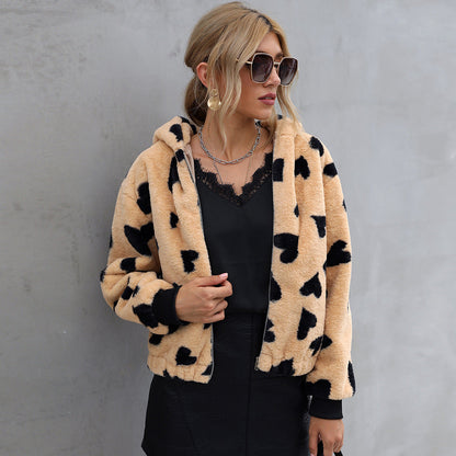 Women's Fur Jacket Fashion Love Pattern Plush Coat